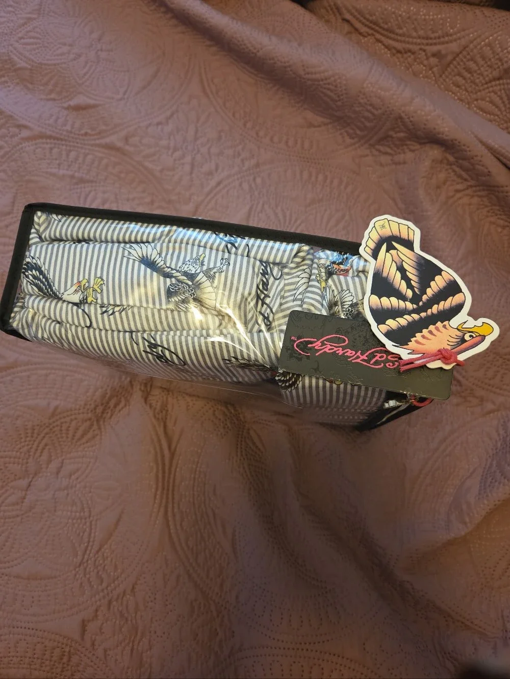 Ed Hardy King Sheet Set - White, Black and Red Striped with Tiger & Eagle Motifs